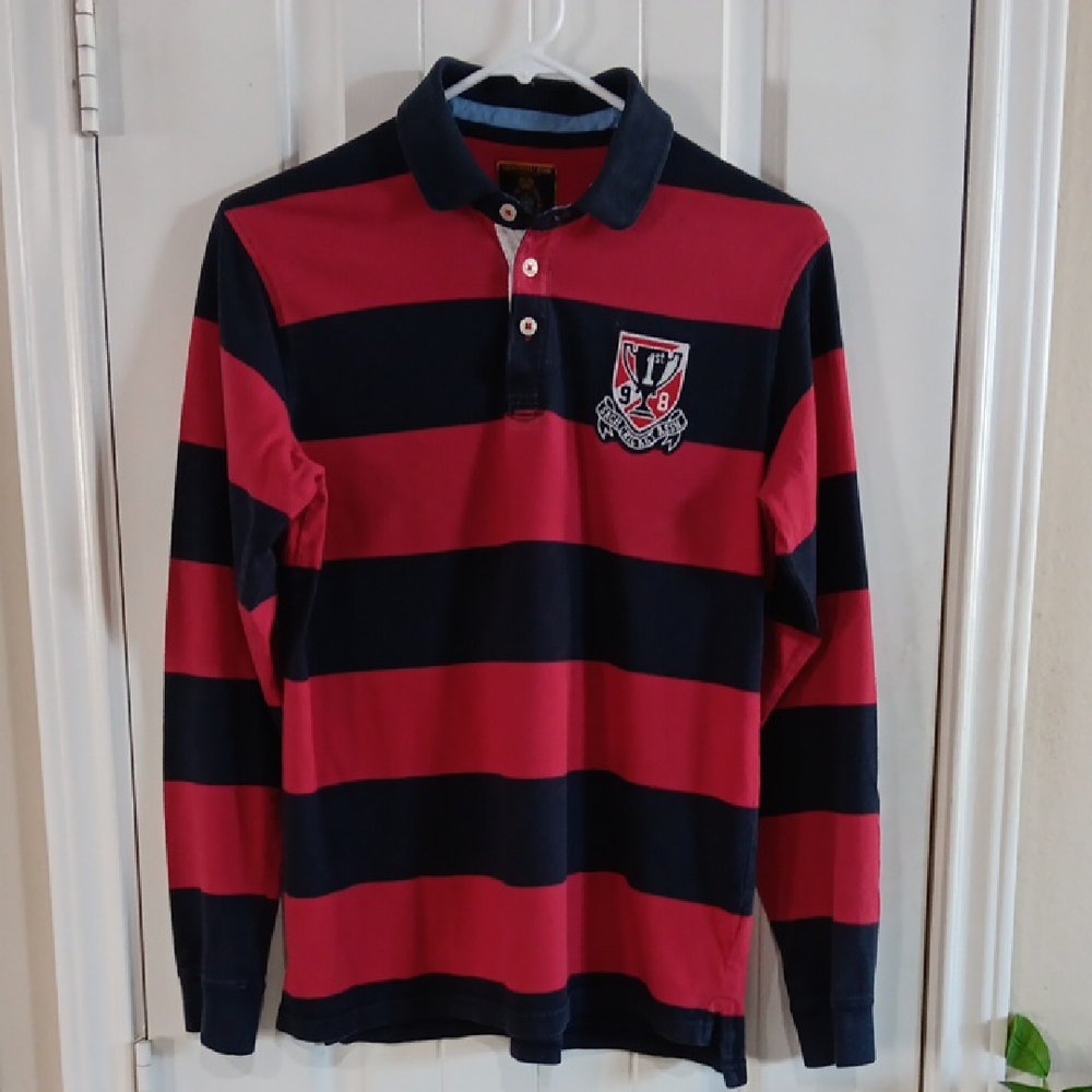 Red & Black Striped Cricket Polo SACH CRICKET ASSN. The God Of Cricket